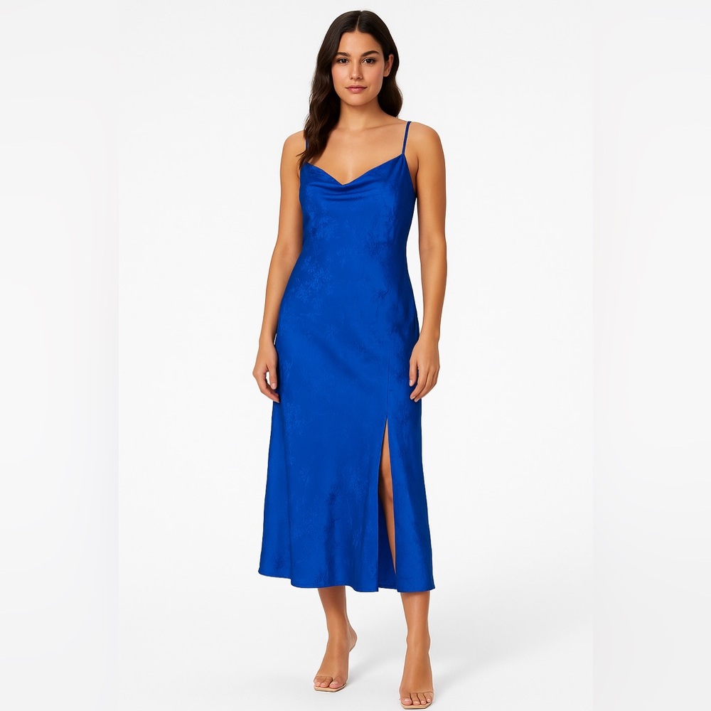 Shein Blue Floral Jacquard Slip Dress Crisscross Tie Back Slit Romantic Sz 6